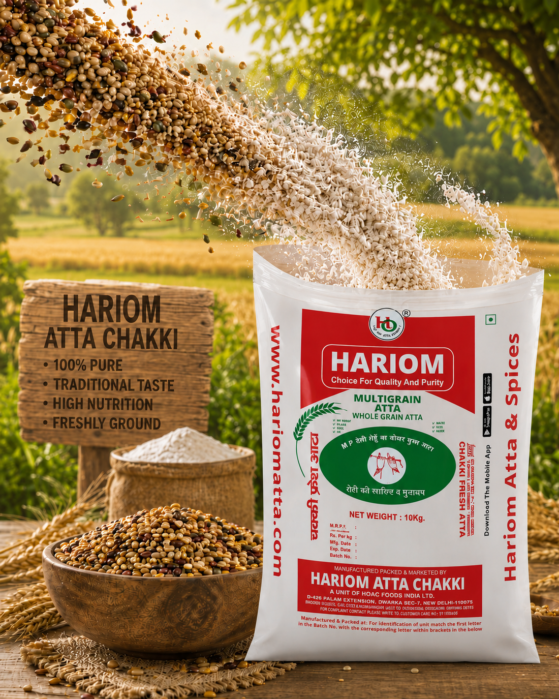 “Hariom high-fibre flour range featuring multigrain, besan, jowar, bajra, ragi and kuttu atta for balanced meals”