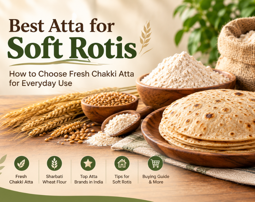 Best atta for soft rotis with fresh chakki atta, Sharbati wheat flour, whole wheat grains, and freshly prepared Indian chapatis.