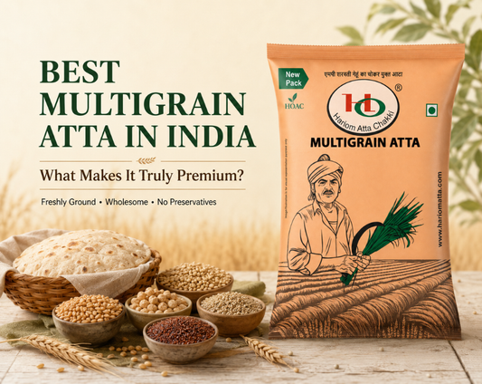 Best multigrain atta packet on kitchen counter with grains