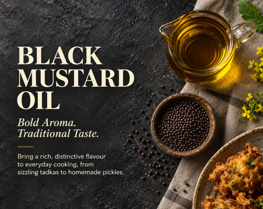 Black mustard oil bottle with black mustard seeds – natural wood pressed mustard oil