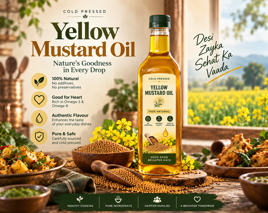 Golden yellow mustard oil being poured next to mustard seeds, cold-pressed for Indian cooking