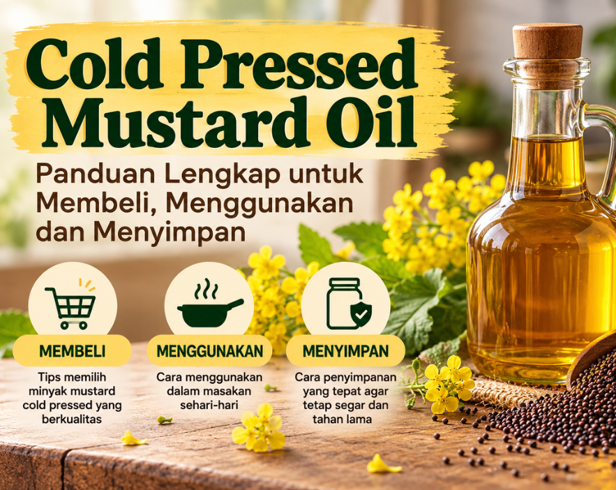 Golden Cold Pressed Mustard Oil poured from a glass bottle beside mustard seeds