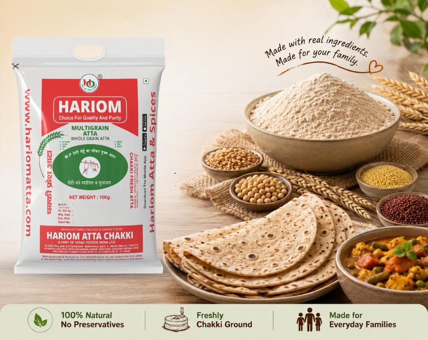 Hariom multigrain atta flour with natural ingredients like ragi, jowar, and chana mixed in a perfect ratio for making healthy multigrain rotis.