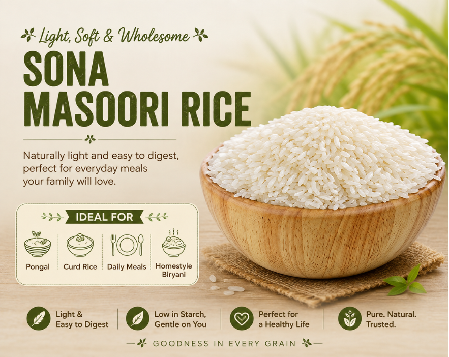 Hariom Sona Masoori low glycemic rice for diabetes management and weight loss, perfect for making soft pongal, curd rice, and homestyle biryani.
