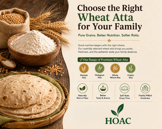 "MP Sharbati wheat grains and stone-ground chakki atta flour in a rustic kitchen setting"