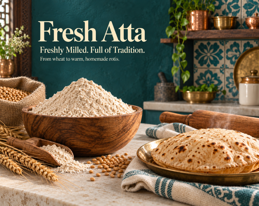 Fresh whole wheat Sharbati atta for soft roti – natural stone-ground flour by Hariom Atta