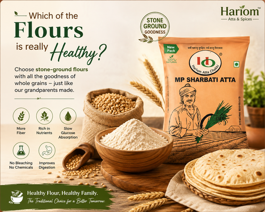 Stone-ground healthy whole wheat flour (atta) from Hariom Atta & Spices, sourced from Madhya Pradesh