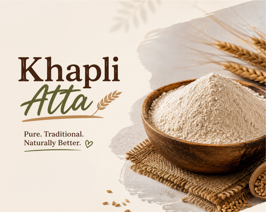Khapli Atta or emmer wheat flour high protein high fiber low gluten stone ground flour with low glycemic index for weight loss and diabetes, used for making healthy roti, bread, and bhatura.