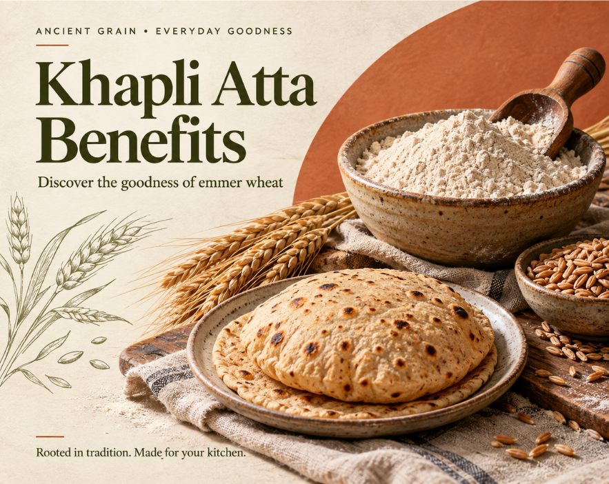 Khapli Atta benefits with Emmer wheat grains and fresh Khapli wheat flour for healthy everyday rotis