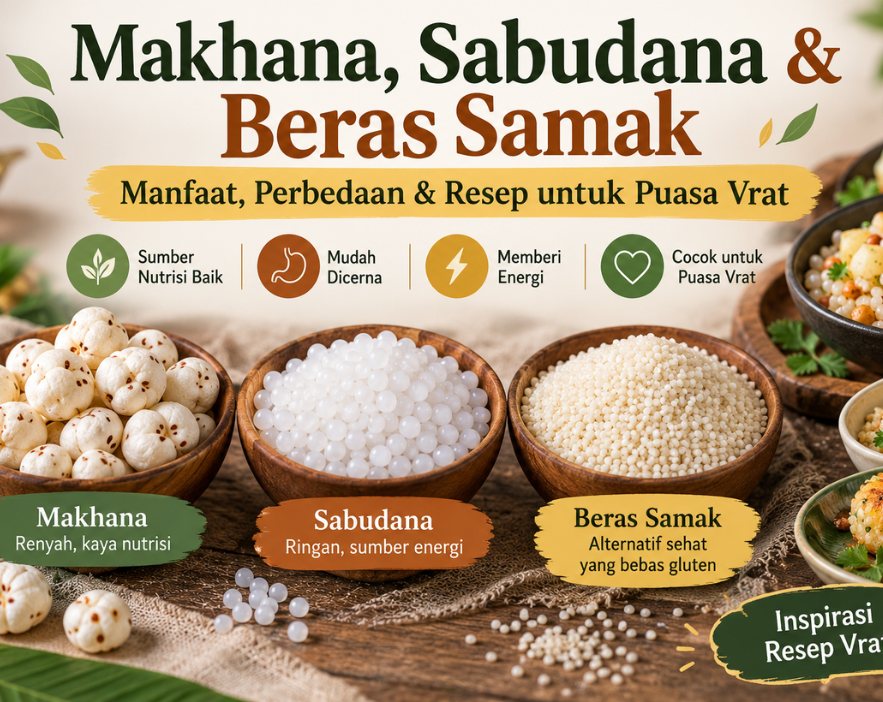 Makhana, sabudana and samak rice in bowls, the three most popular vrat foods in India