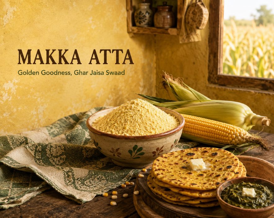 Stone-ground Makka Atta (maize flour) pack from Hariom Atta & Spices — gluten-free, fibre-rich flour for makki ki roti