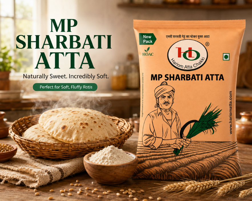 MP sharbati atta 5kg pack – premium organic sharbati atta, best sharbati atta in India by Hariom