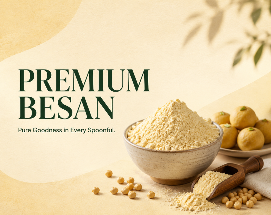Fine golden premium besan from Hariom Atta and Spices used for festive sweets