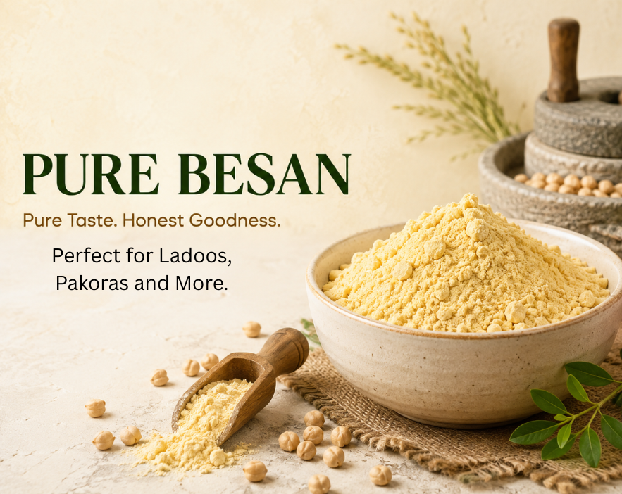Bowl of pure golden besan made from 100% chana dal by Hariom Atta and Spices