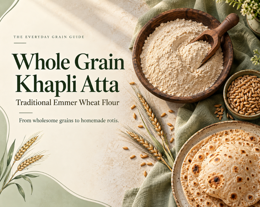 Whole-grain Khapli atta made from ancient Emmer wheat for fresh and wholesome rotis