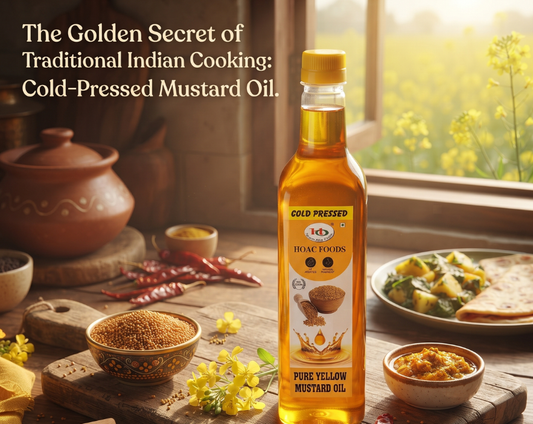 Bottle of pure yellow mustard oil from Hariom Atta & Spices, cold-pressed for traditional Indian cooking