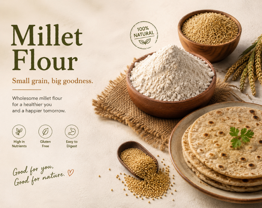 Best millet flour online - jowar atta, ragi atta, bajra atta, sorghum flour, finger millet flour, pearl millet flour, foxtail millet flour - organic gluten free millet flour for diabetes and baking.