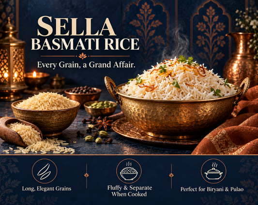 Golden sella basmati rice grains in a bowl beside a 10kg basmati rice pack