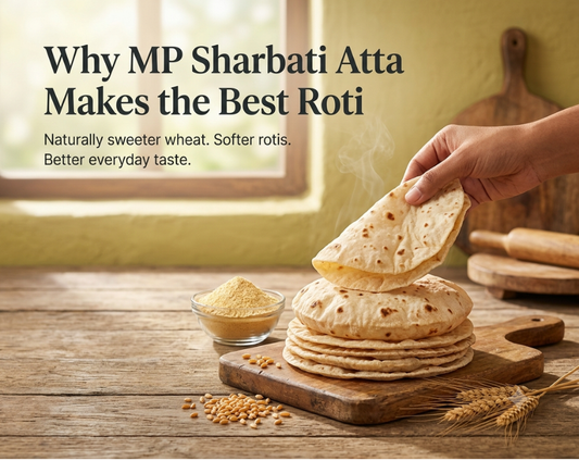 “Hariom freshly milled MP Sharbati Atta, stone-ground from premium whole wheat for naturally soft and flavourful rotis”