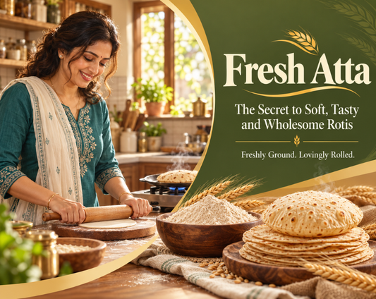 Freshly ground Hariom Atta with soft rotis, wheat grains and traditional chakki flour