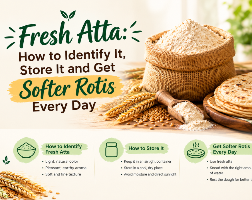 Freshly milled whole wheat atta in a steel bowl next to soft puffed rotis on a kitchen counter