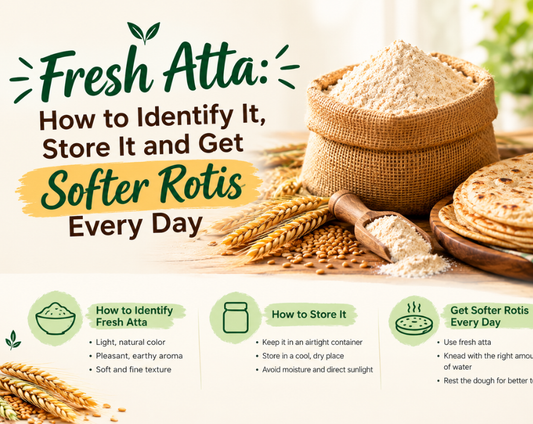 Freshly milled whole wheat atta in a steel bowl next to soft puffed rotis on a kitchen counter